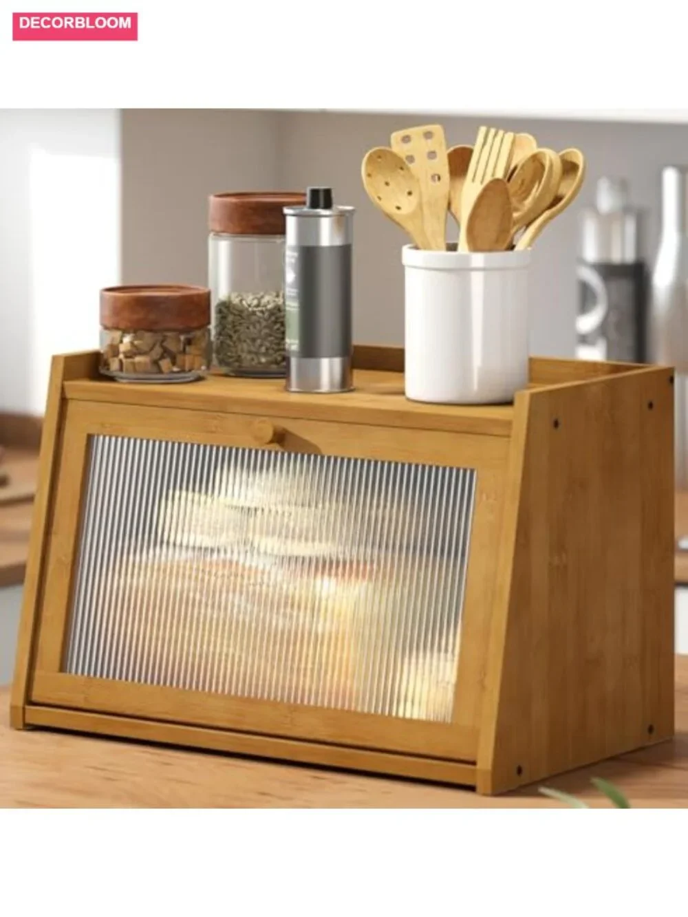 Large Bamboo Bread Box with Wavy Acrylic Door, Farmhouse Kitchen Storage, Flat
